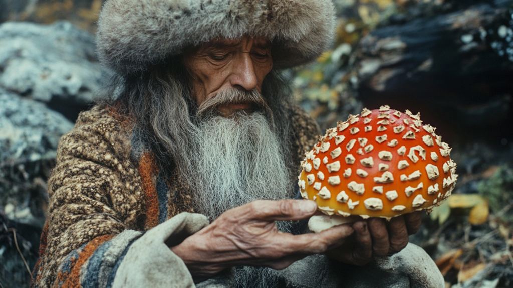Syberyjski szaman trzyma muchomora czerwonego