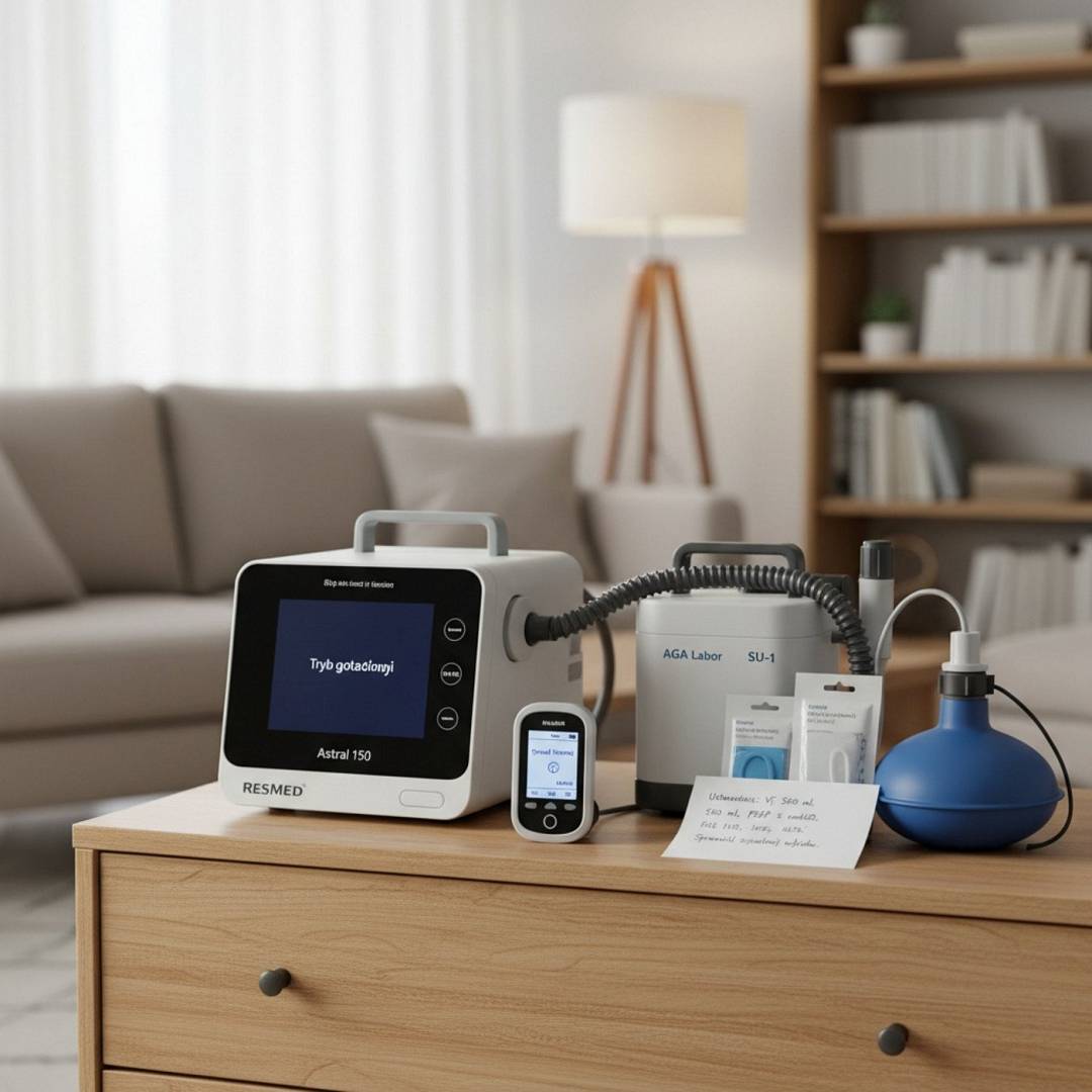 Kompletny zestaw sprzętu do domowej wentylacji umieszczony na drewnianej komodzie w przytulnym pokoju dziennym.